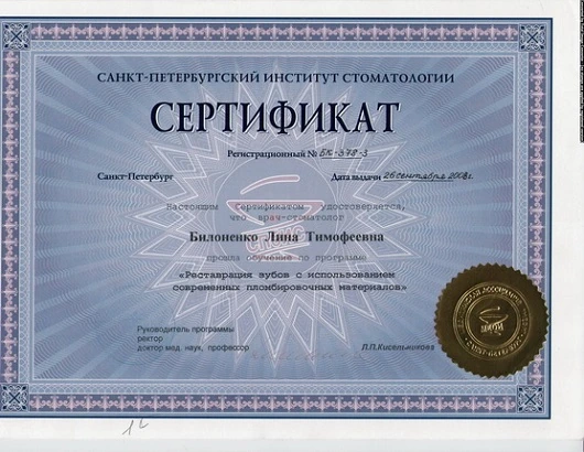 Сертификат Билоненко Лины Тимофеевны - 14