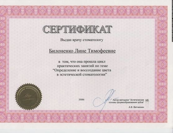 Сертификат Билоненко Лины Тимофеевны - 15