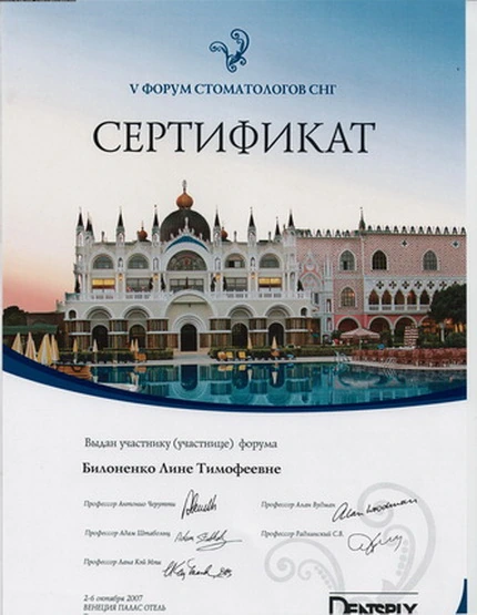 Сертификат Билоненко Лины Тимофеевны - 12